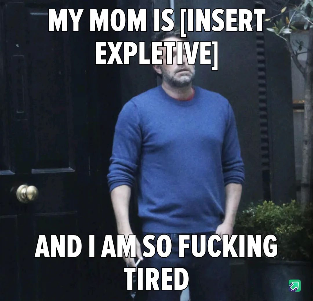 A man in a blue sweater stands in front of a dark door with a weary, resigned expression. White bold text overlays the…