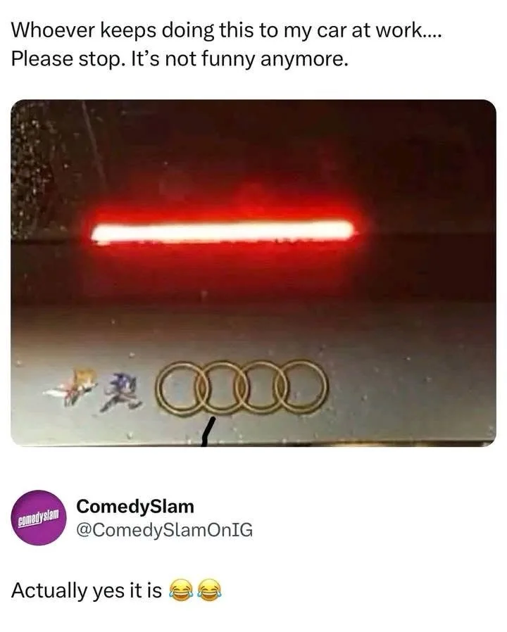 A close-up of a car's hood at night, showing the Audi logo with two small figurines of Sonic the Hedgehog and Tails from the…