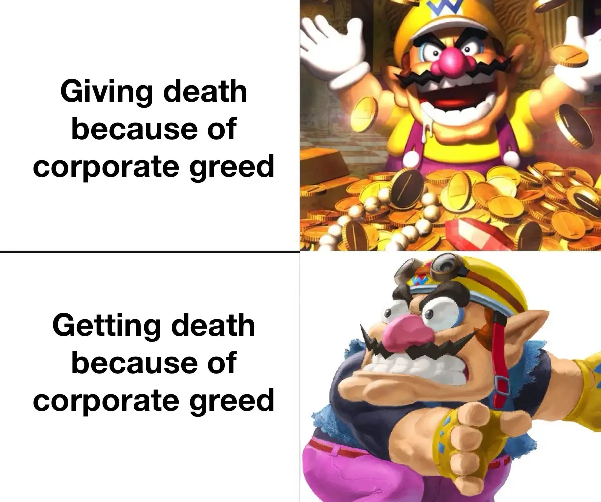 The meme features two panels with the video game character Wario. The top panel shows Wario gleefully surrounded by piles of…