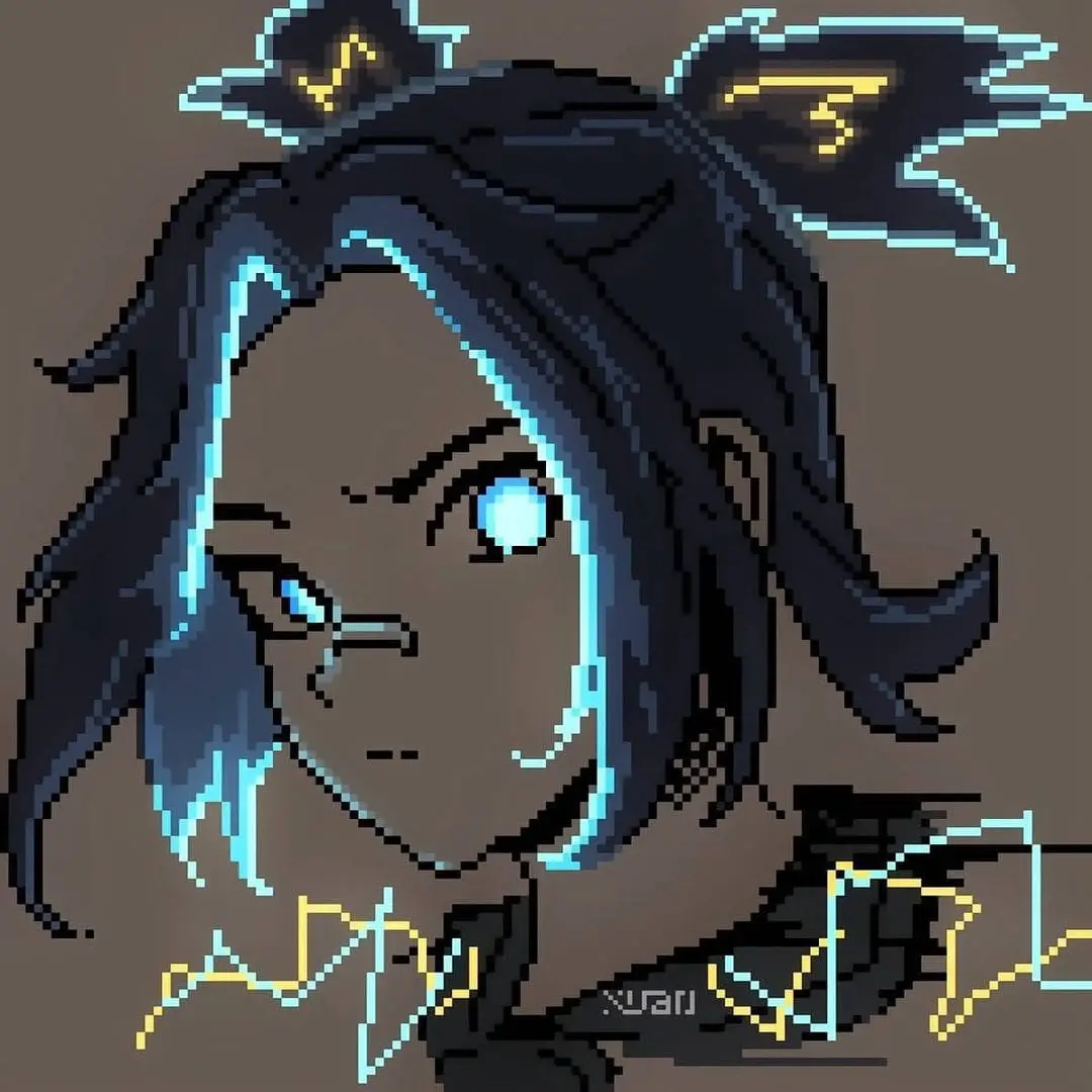 A pixel-art illustration of a person with dark hair and glowing blue eyes, visibly crying with tears streaming down their…