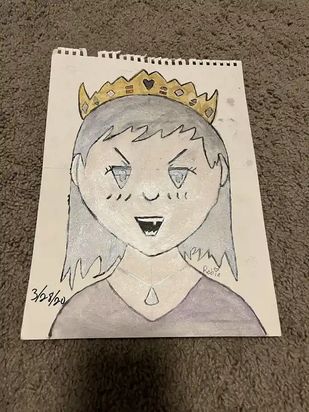 A hand-drawn portrait on spiral notebook paper shows a character with short grey hair, a gold crown with jewels, fangs, and…