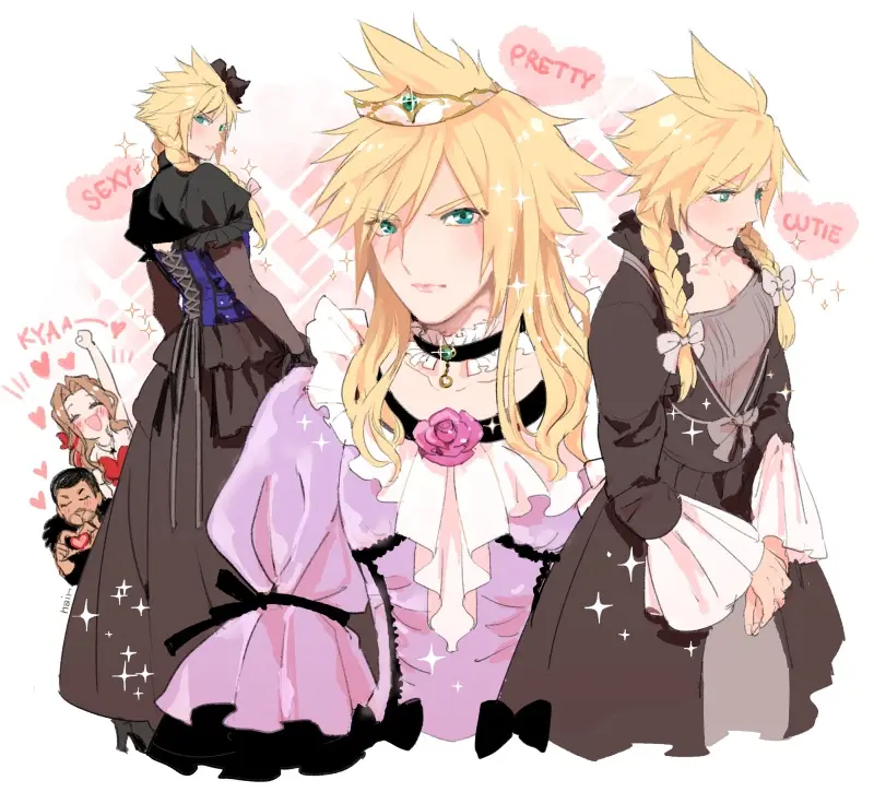 An anime-style illustration shows a blonde-haired female character in three different outfits, each labeled with a different…