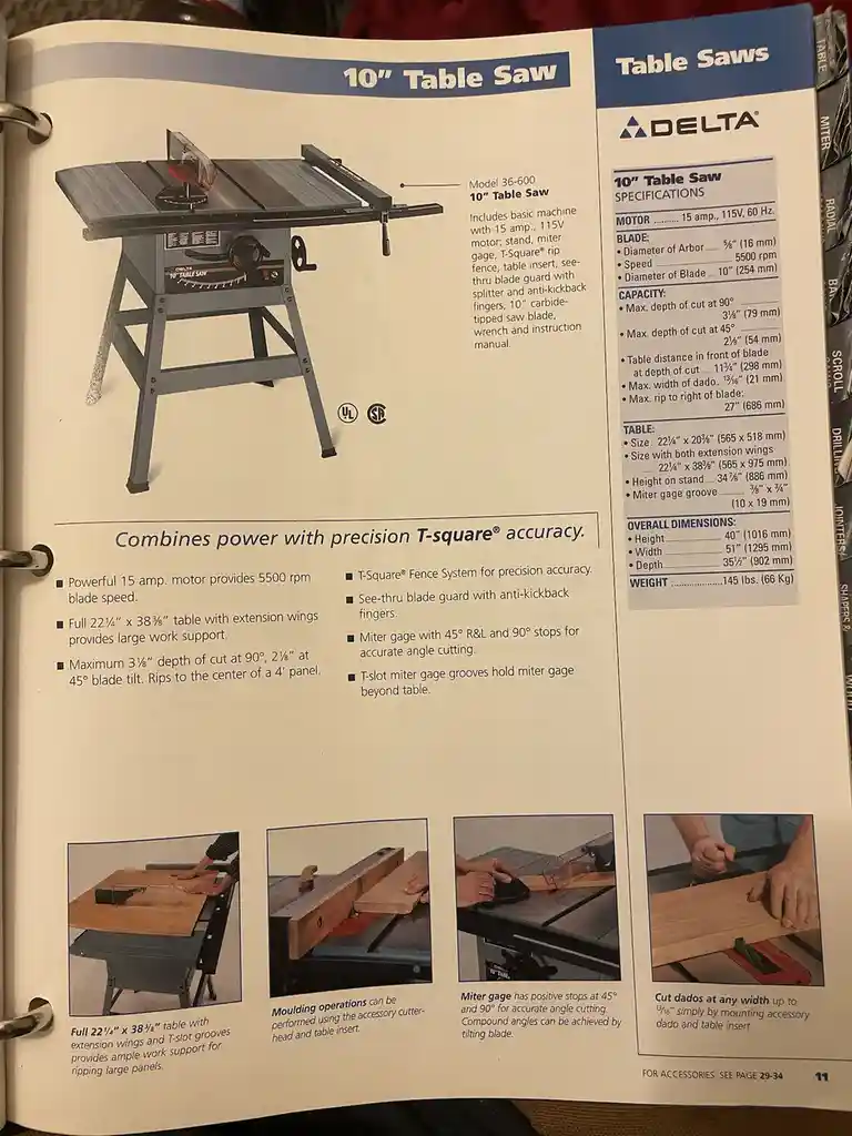 A page from a Delta brand table saw manual showing a 10" Table Saw (Model 36-600) with detailed specifications, features…