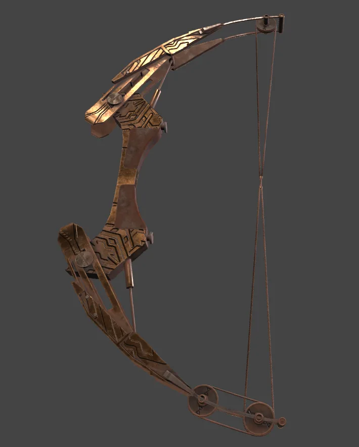 A highly detailed, ornate, golden-brown compound bow with intricate geometric patterns and mechanical pulleys is shown…