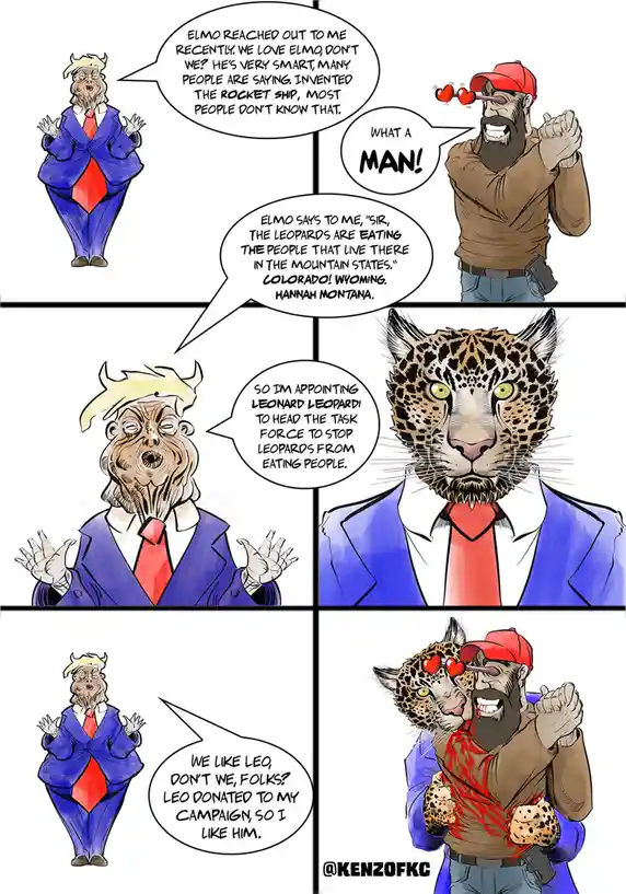 A four-panel comic strip shows a caricature of Donald Trump telling a story to a bearded man in a red cap. Trump claims Elmo…