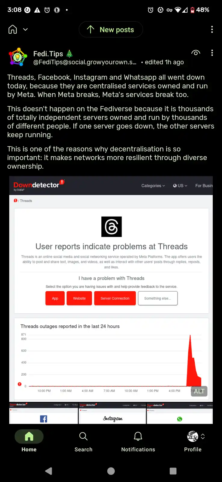 A screenshot of a social media post from 'Fedi.Tips' explaining how Meta's centralised services (Threads, Facebook…