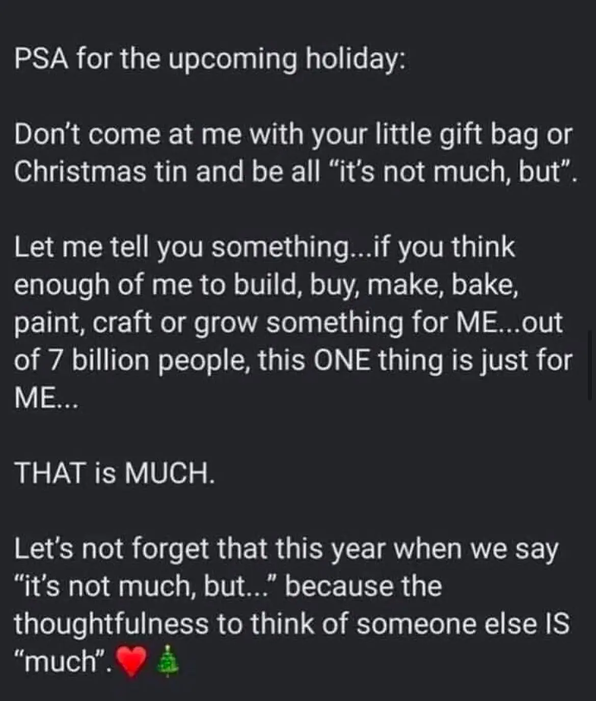 A black background with white text presents a 'PSA for the upcoming holiday' that sarcastically defends the value of small…