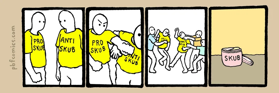 A four-panel comic strip shows two people wearing yellow shirts labeled 'PRO SKUB' and 'ANTI SKUB'. In the second panel, the…