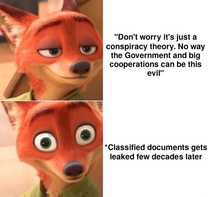 The image is a two-panel meme featuring the animated fox character Nick Wilde from Zootopia. In the top panel, Nick has a…
