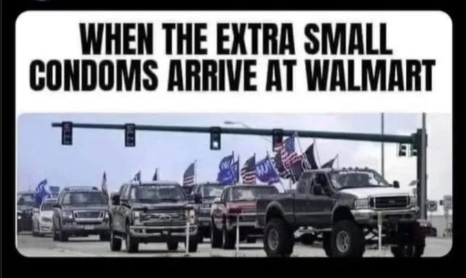 A line of pickup trucks, many heavily modified with large tires and American flags, is shown driving in formation under…