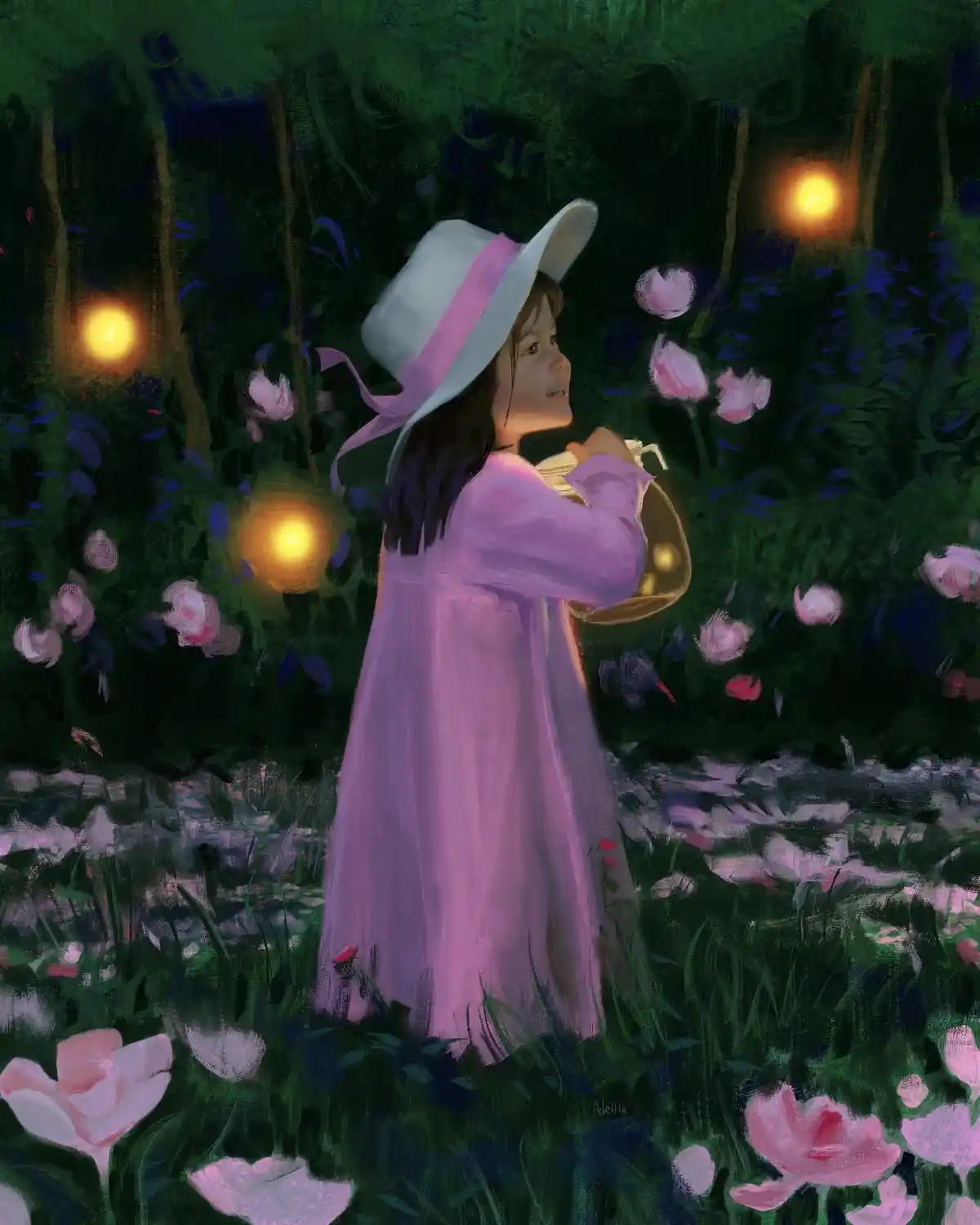A painting of a young girl in a pink dress and white hat holding a watering can in a dark garden with glowing orbs and pink…