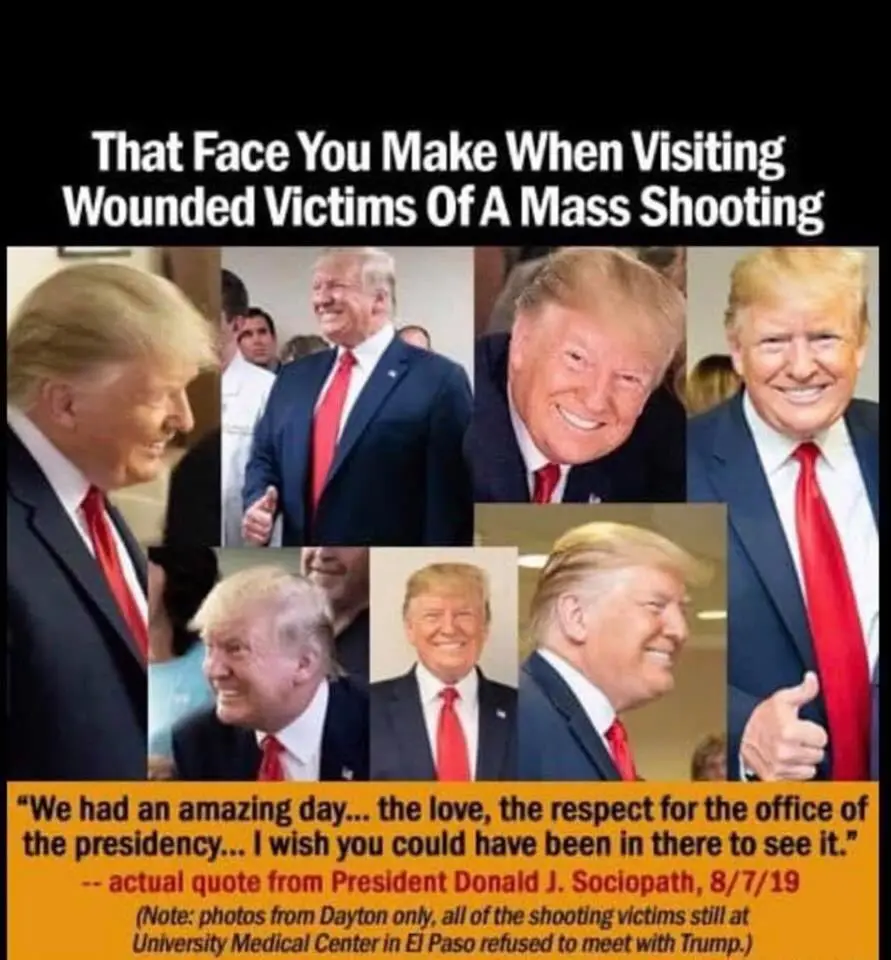 The image displays a collage of multiple photos of Donald Trump smiling broadly in various poses, overlaid with text that…