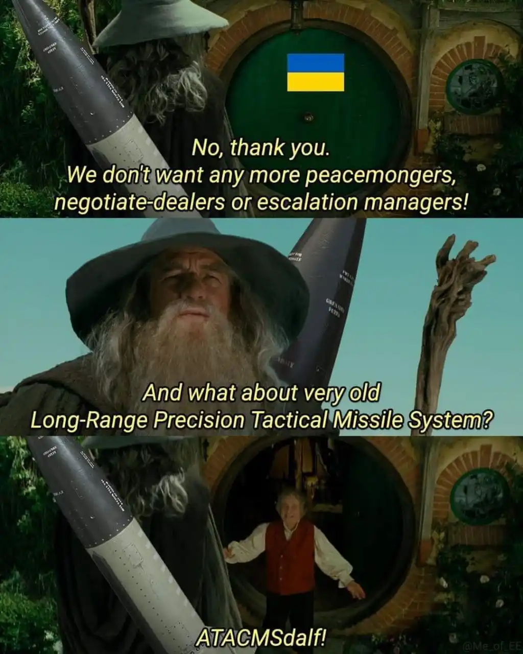 A three-panel meme featuring Gandalf from 'The Lord of the Rings' holding a missile. In the first panel, a Ukrainian flag is…