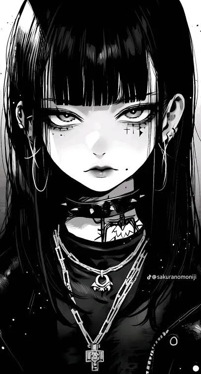A black-and-white anime-style illustration of a young woman with long dark hair, bangs, and intense eyes. She wears multiple…