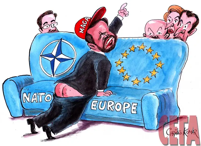 A cartoon depicts a man wearing a red 'MAGA' cap, sitting on a blue couch labeled 'NATO' and 'EUROPE', with his backside…