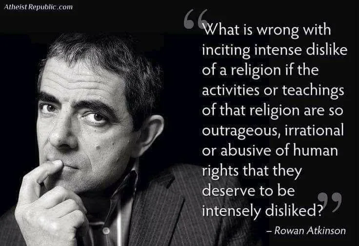 A black-and-white photo of Rowan Atkinson with a thoughtful expression, his finger on his lips, overlaid with a quote…