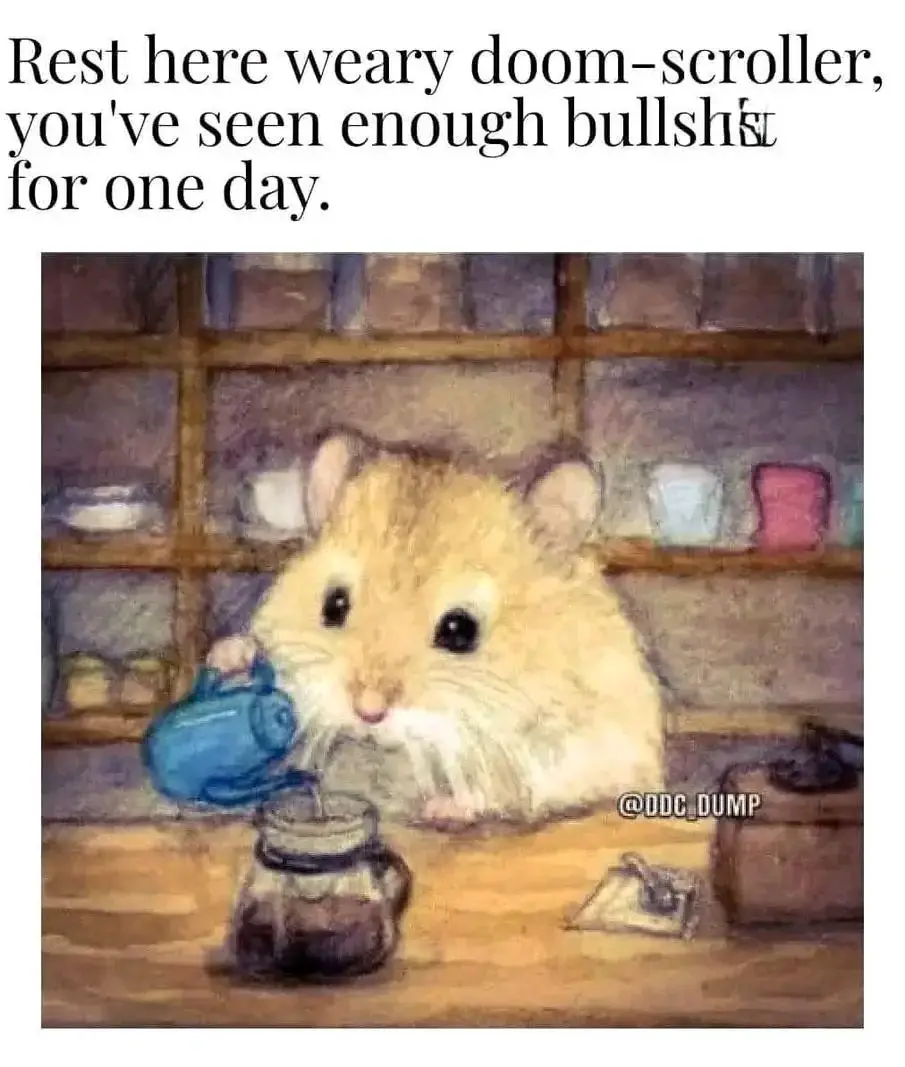 A watercolor-style illustration shows a fluffy, light-brown hamster at a wooden counter pouring tea from a small blue teapot…