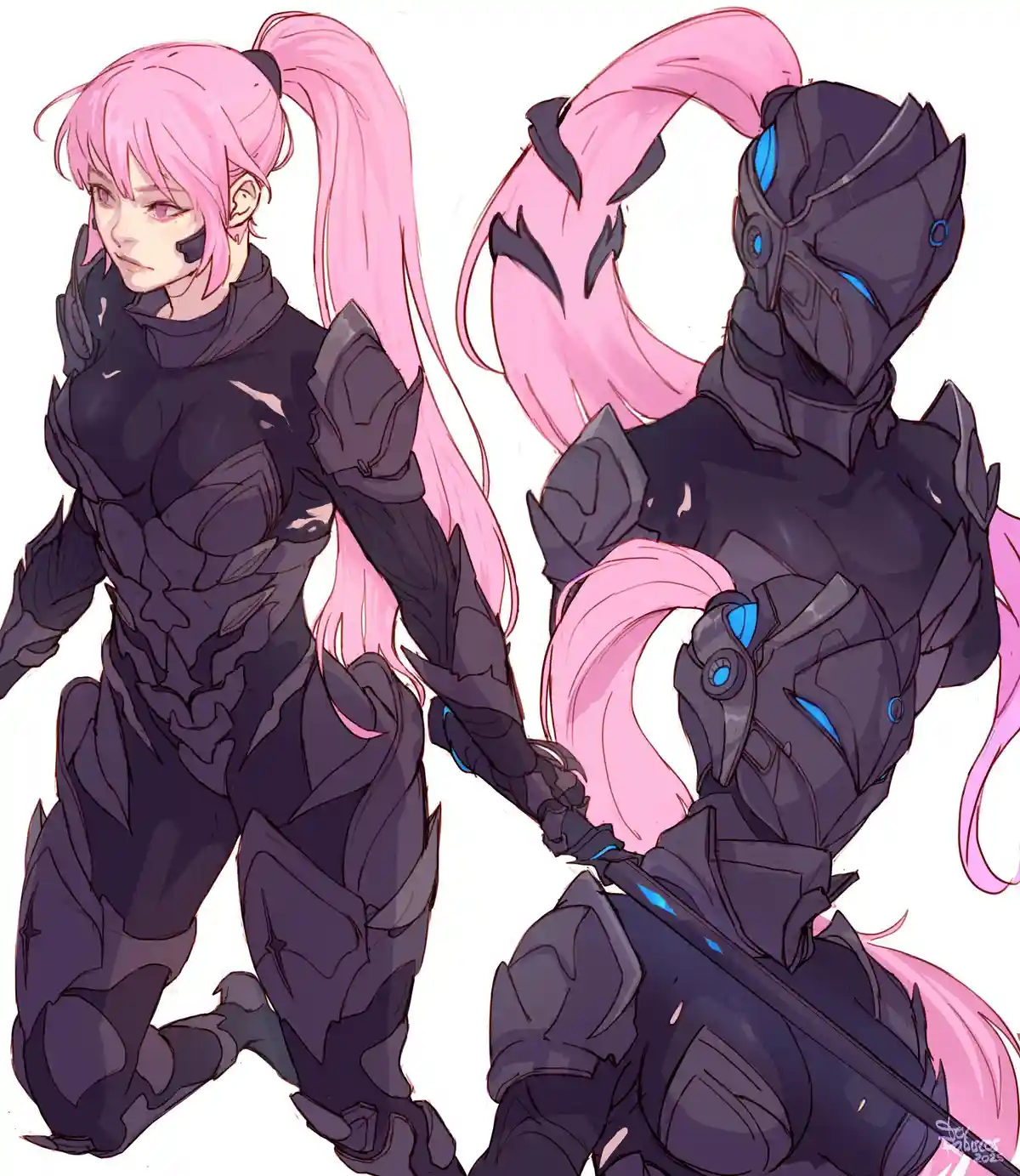 The image shows two anime-style characters with long pink hair, both wearing black armored suits. The character on the left…