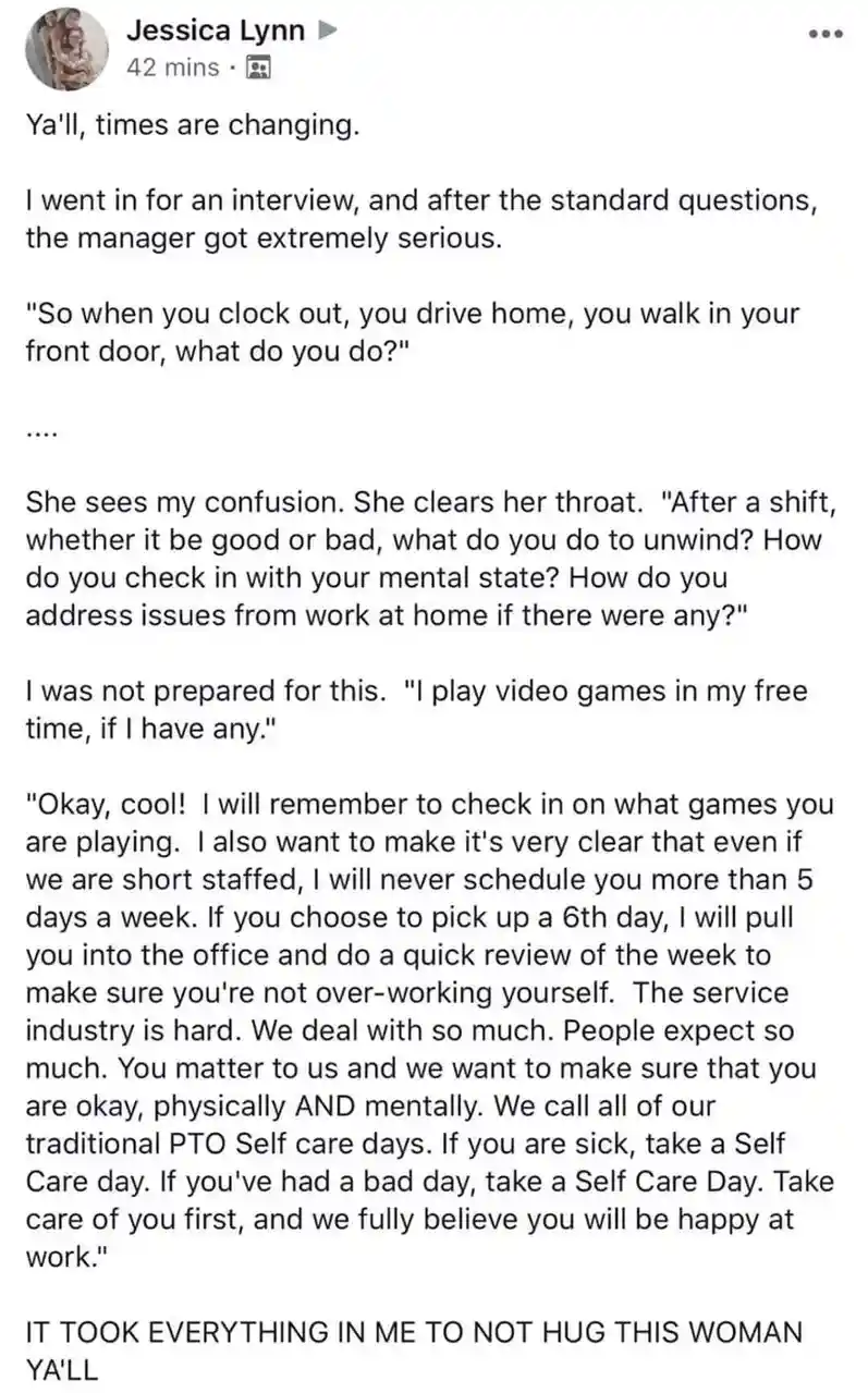 A screenshot of a Facebook post by Jessica Lynn detailing a job interview where the manager asks about mental health and…