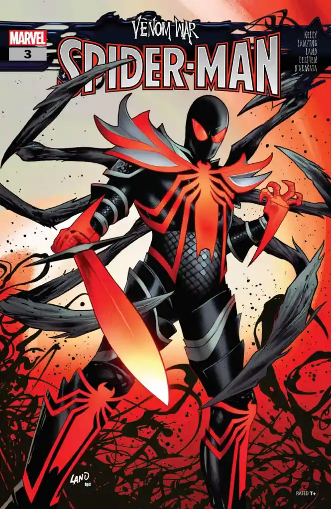 The image is a comic book cover for 'Venom War: Spider-Man #3' featuring a menacing Spider-Man in a black and red symbiote…