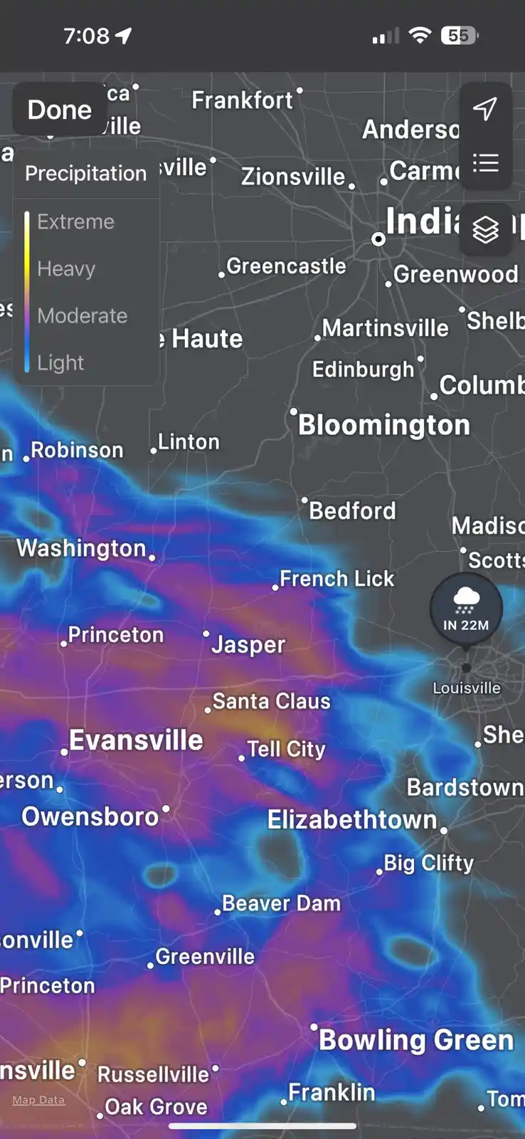 A weather radar map shows a large storm system approaching Louisville, Kentucky, with a pop-up menu for precipitation…