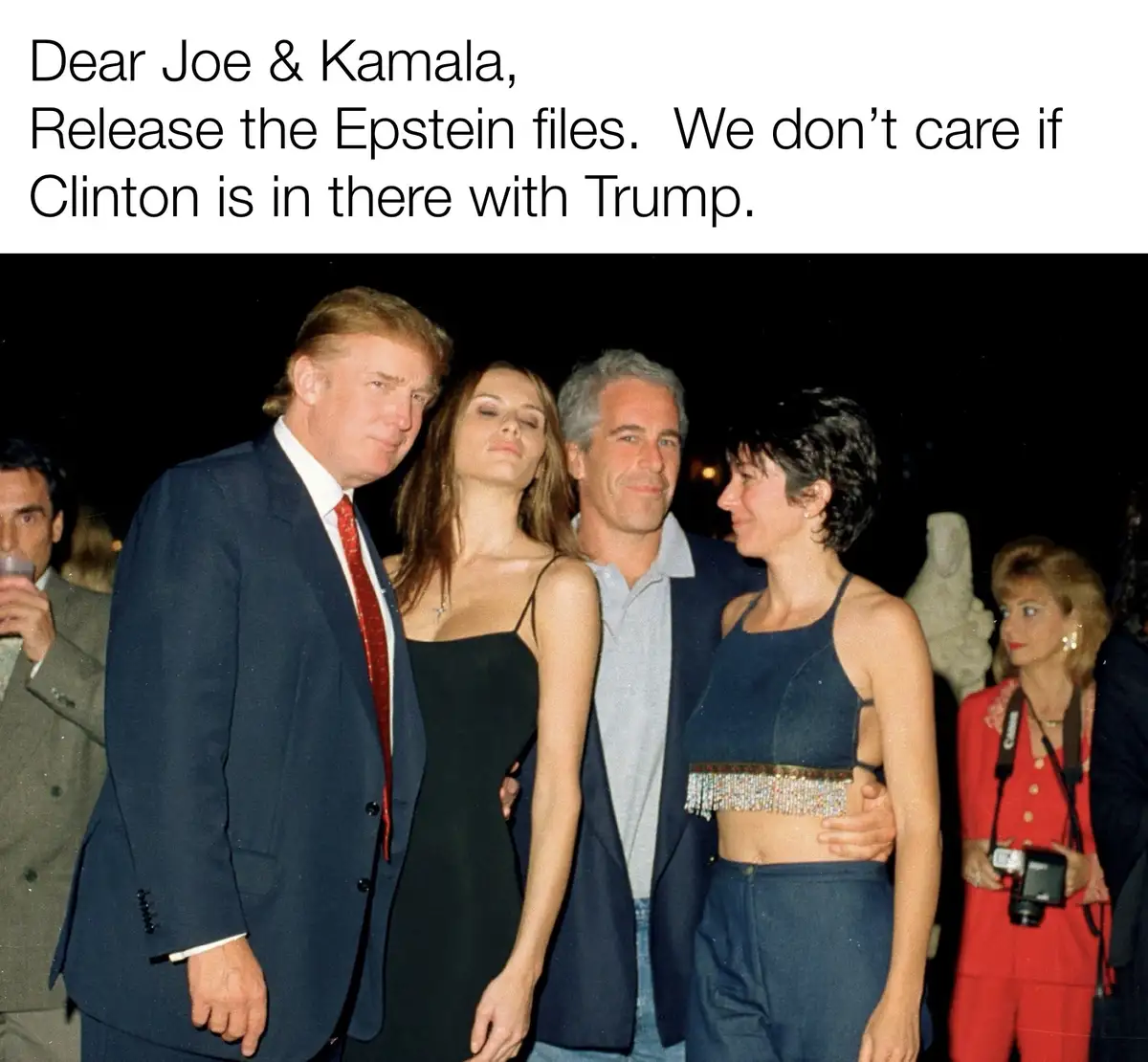 A vintage photo shows Donald Trump, Jeffrey Epstein, and two women posing together at a social event. The overlaid text…