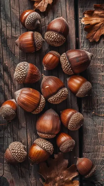 A top-down photograph shows numerous acorns scattered across a dark, textured wooden surface, interspersed with a few dried…