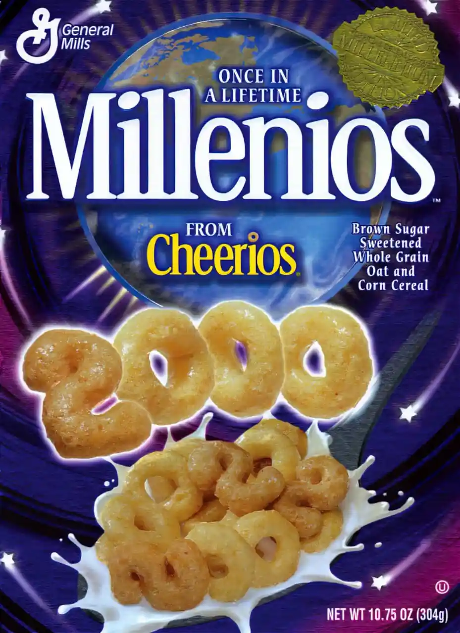A cereal box for 'Millenios' cereal, a fictional product from General Mills, features a purple space-themed design with a…