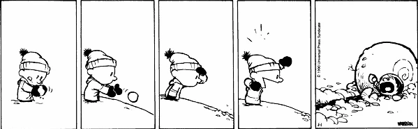 A five-panel black-and-white comic strip shows a child in a winter hat throwing a snowball. The snowball hits a large…