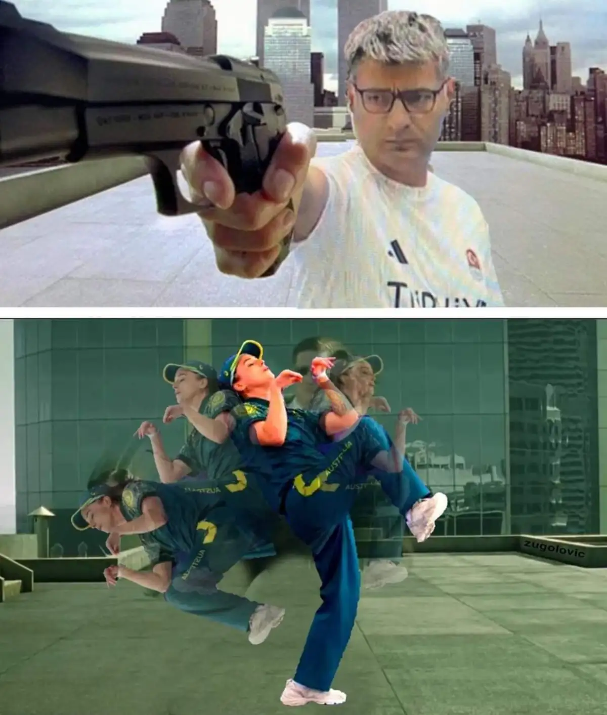 The top panel shows a man with glasses holding a handgun pointed directly at the viewer against a city skyline. The bottom…