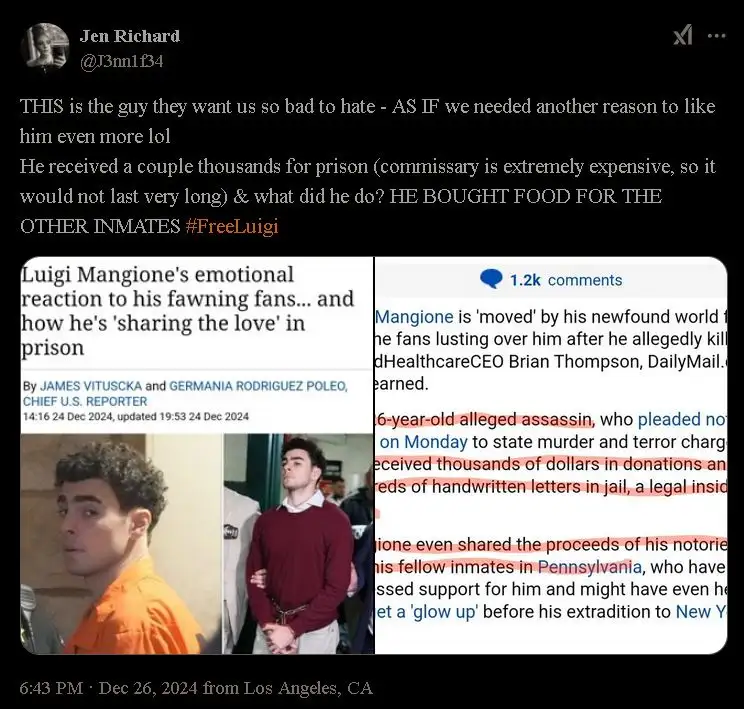 A screenshot of a Twitter/X post by user Jen Richard (@J3nn134) features two news article snippets about Luigi Mangione. The…