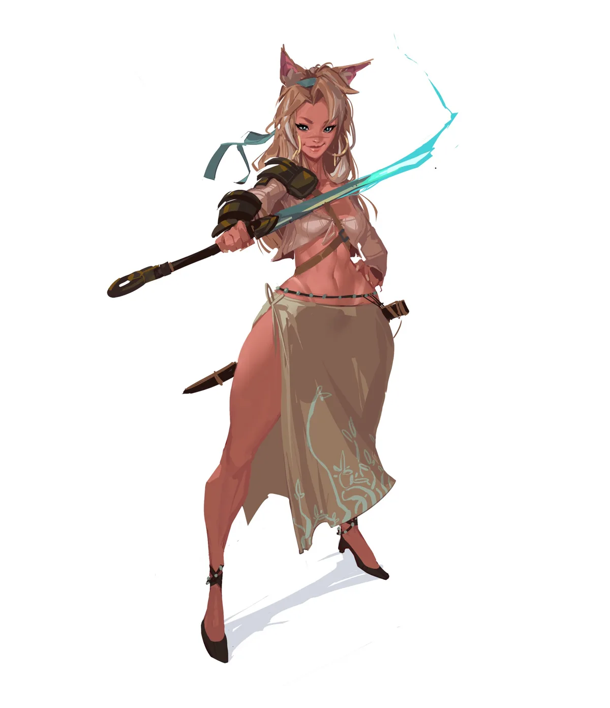 A stylized female warrior with cat ears and a confident smirk holds a glowing blue sword in a dynamic pose. She wears a…