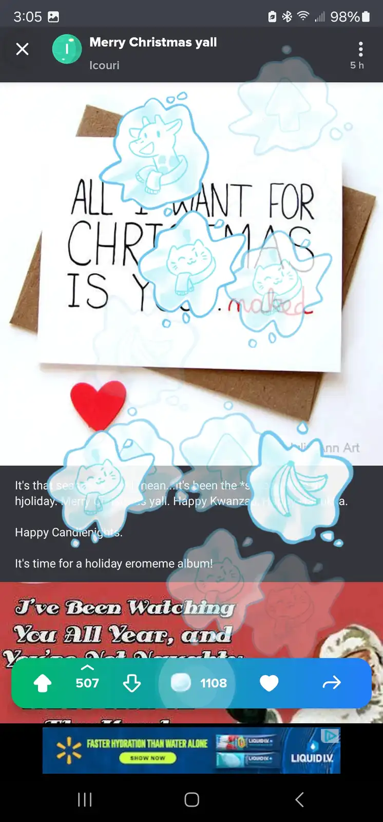 A handmade Christmas card with the text 'ALL I WANT FOR CHRISTMAS IS Y' is overlaid with cartoon snowflakes containing cats…