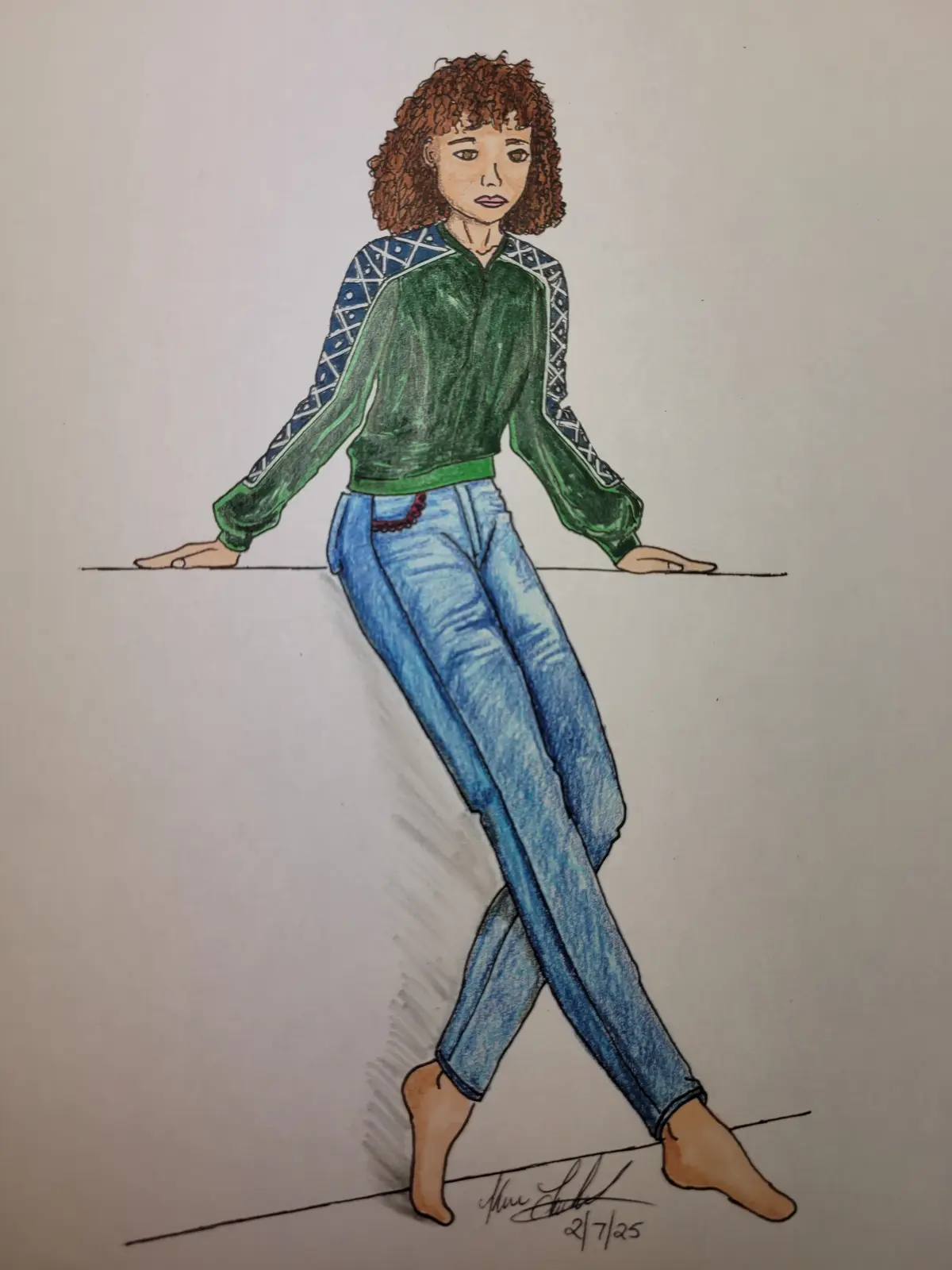 A hand-drawn fashion illustration of a woman with curly brown hair, wearing a green zip-up jacket with blue patterned…