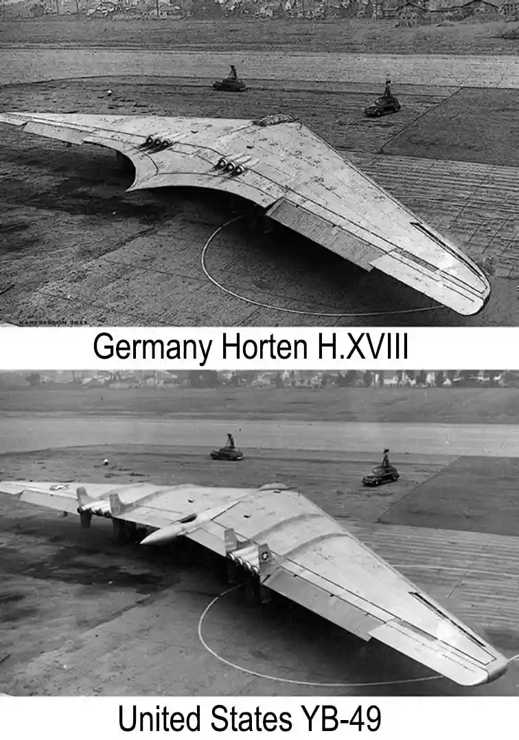 The image displays two black-and-white photos of identical-looking flying wing aircraft, one labeled 'Germany Horten…