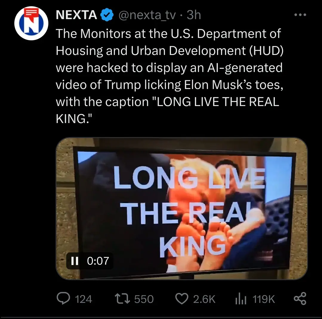 A screenshot of a tweet from NEXTA showing a video playing on a monitor. The video displays an AI-generated image of Donald…