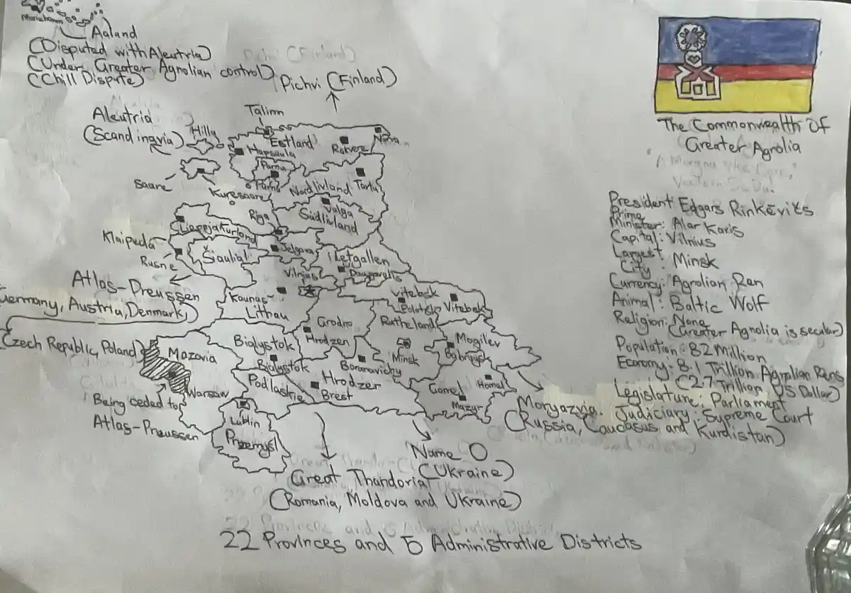 A hand-drawn map of a fictional country called 'The Commonwealth of Greater Agrolia' with a flag, labeled provinces, and a…