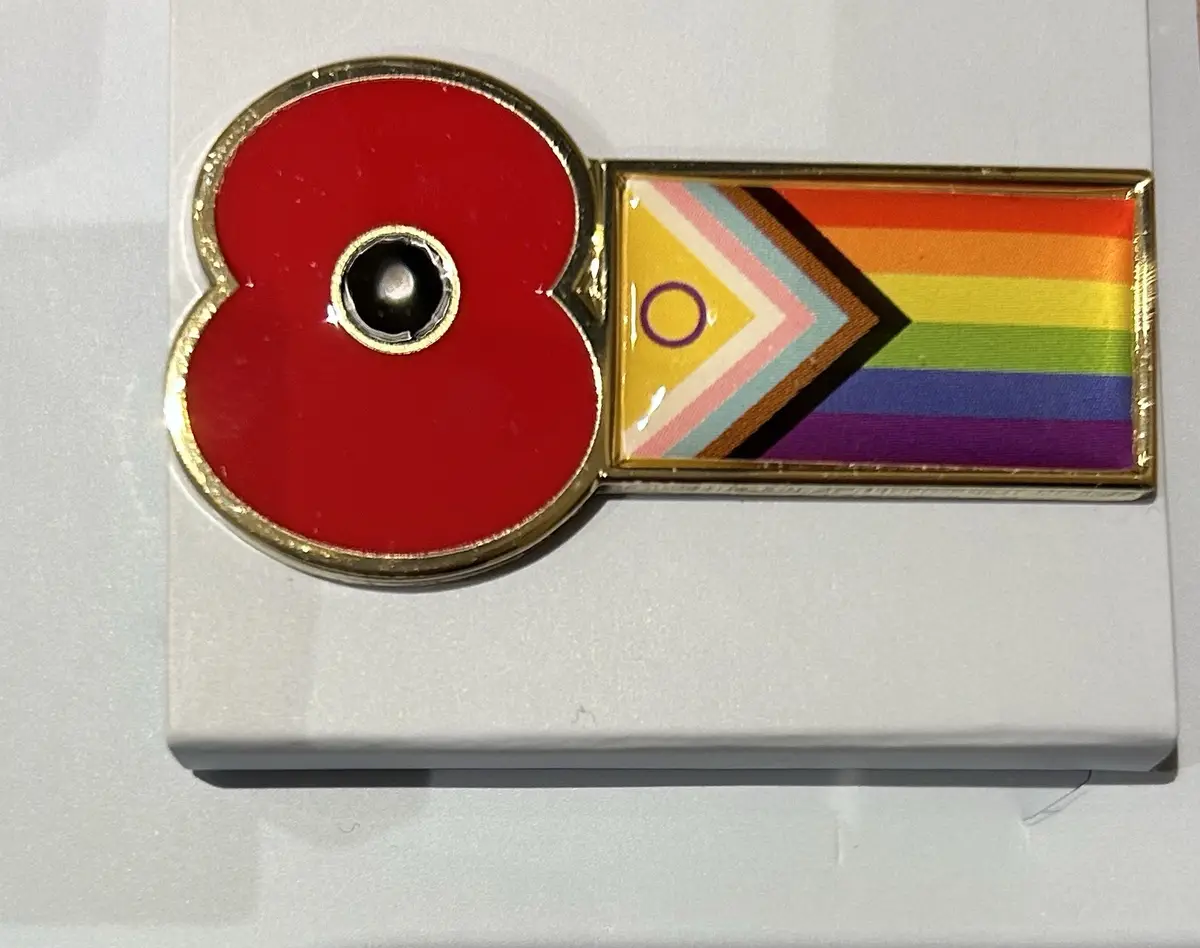 a close-up of a commemorative pin featuring a red poppy on the left and a rainbow flag design on the right, both enclosed in…