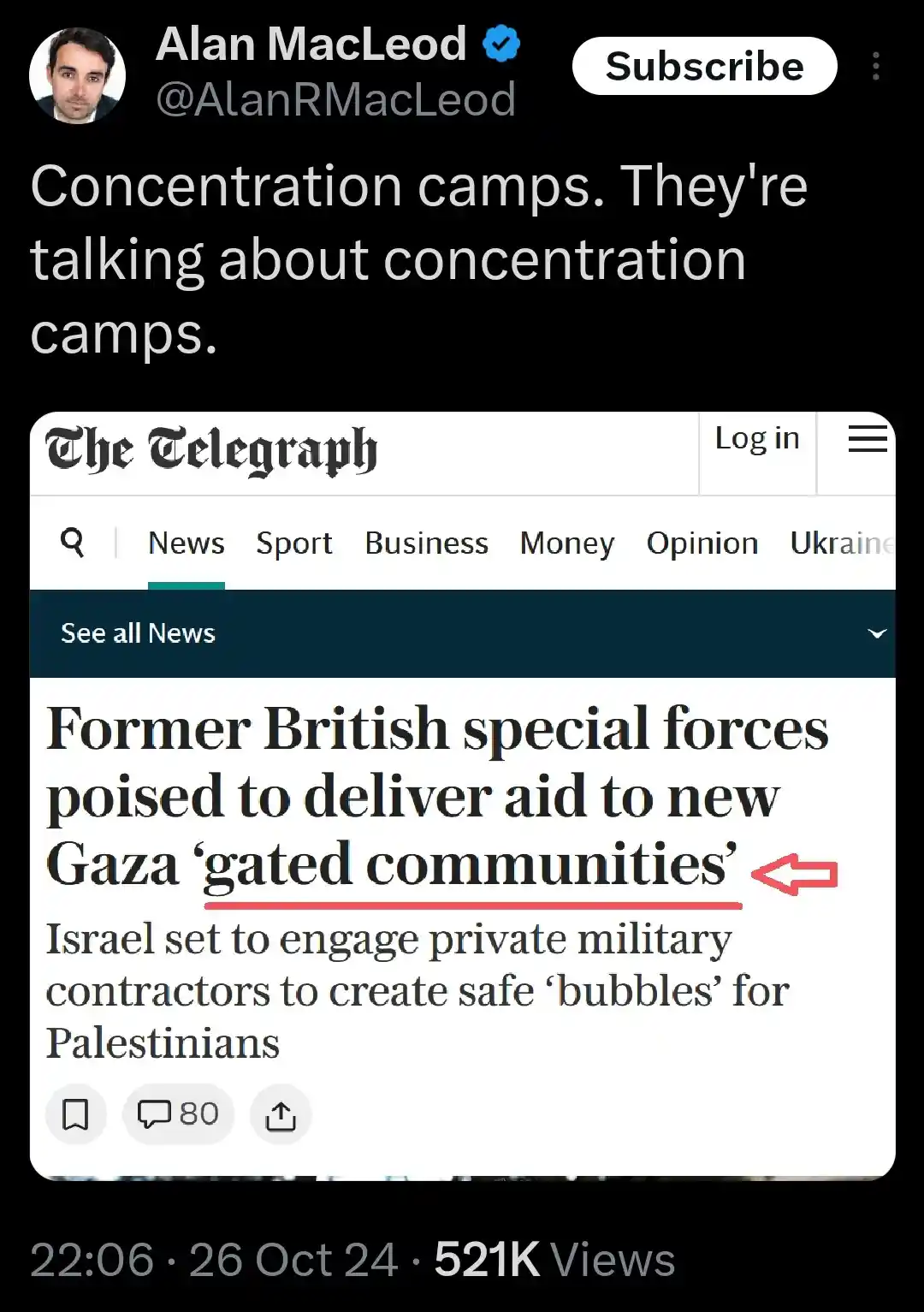 A screenshot of a Twitter post by Alan MacLeod showing a news article from The Telegraph with the headline 'Former British…