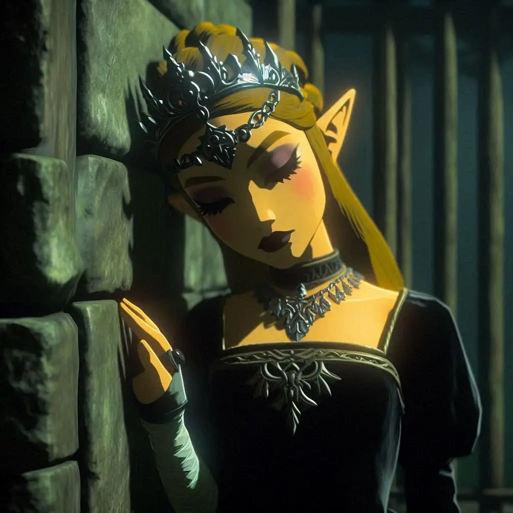 A character resembling Zelda from The Legend of Zelda video game series, wearing a dark crown and black dress, leans against…
