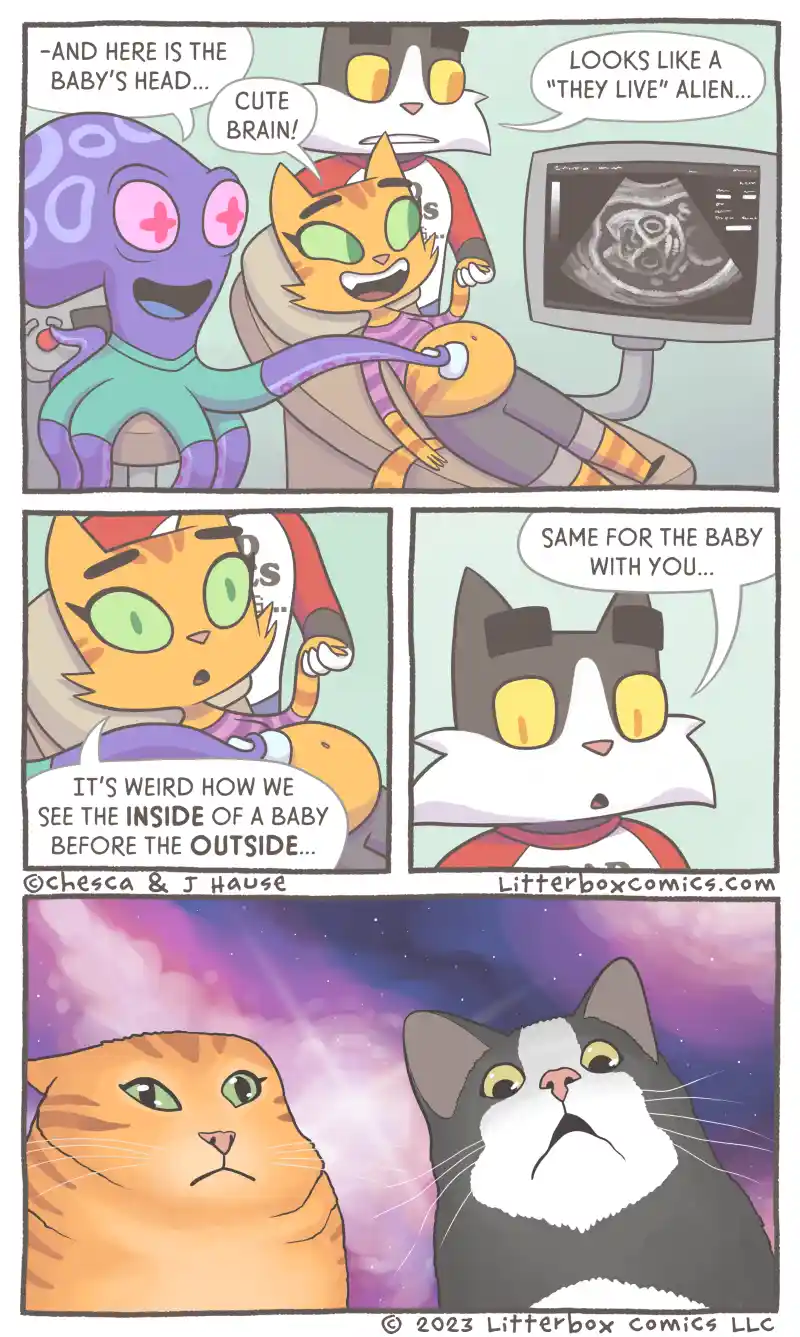A four-panel comic strip featuring anthropomorphic cats in a medical setting. In the first panel, a purple alien-like…