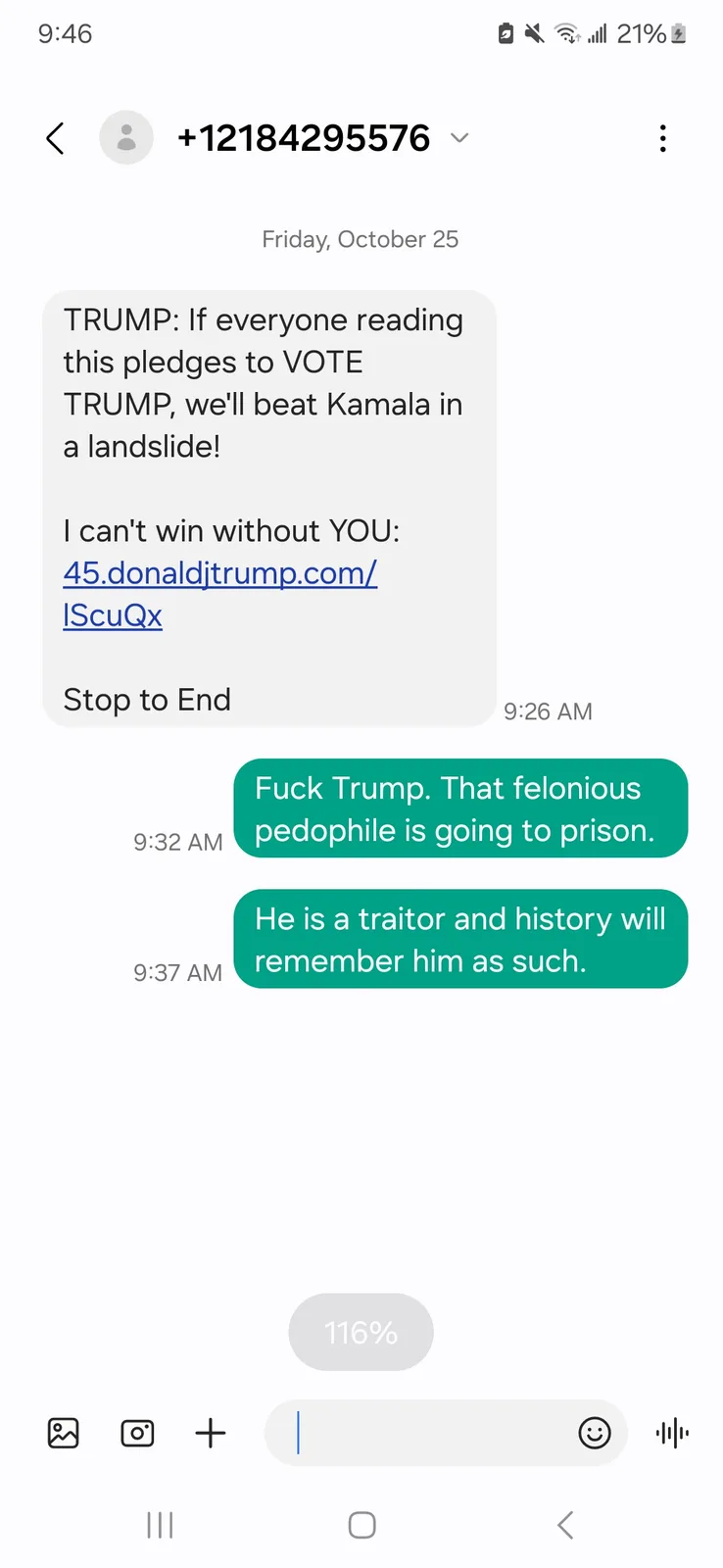 A screenshot of a text message conversation shows a political robocall from Trump urging recipients to vote for him to beat…