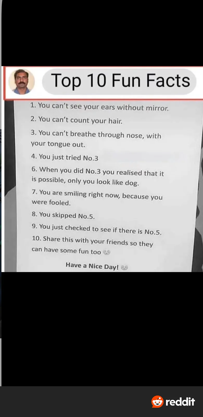 A printed list titled 'Top 10 Fun Facts' is shown, with several entries that are intentionally misleading or…