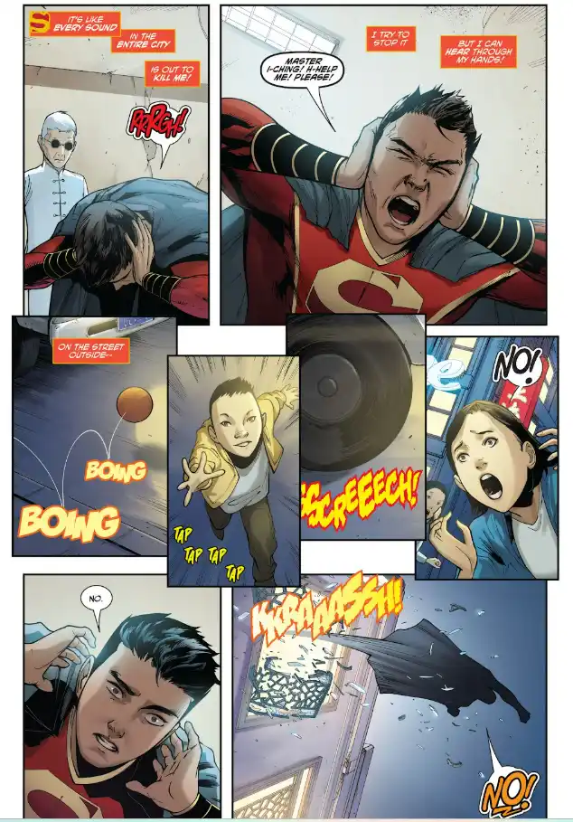A comic panel collage shows a superhero (Superman) overwhelmed by sound, screaming as he tries to block noise with his…