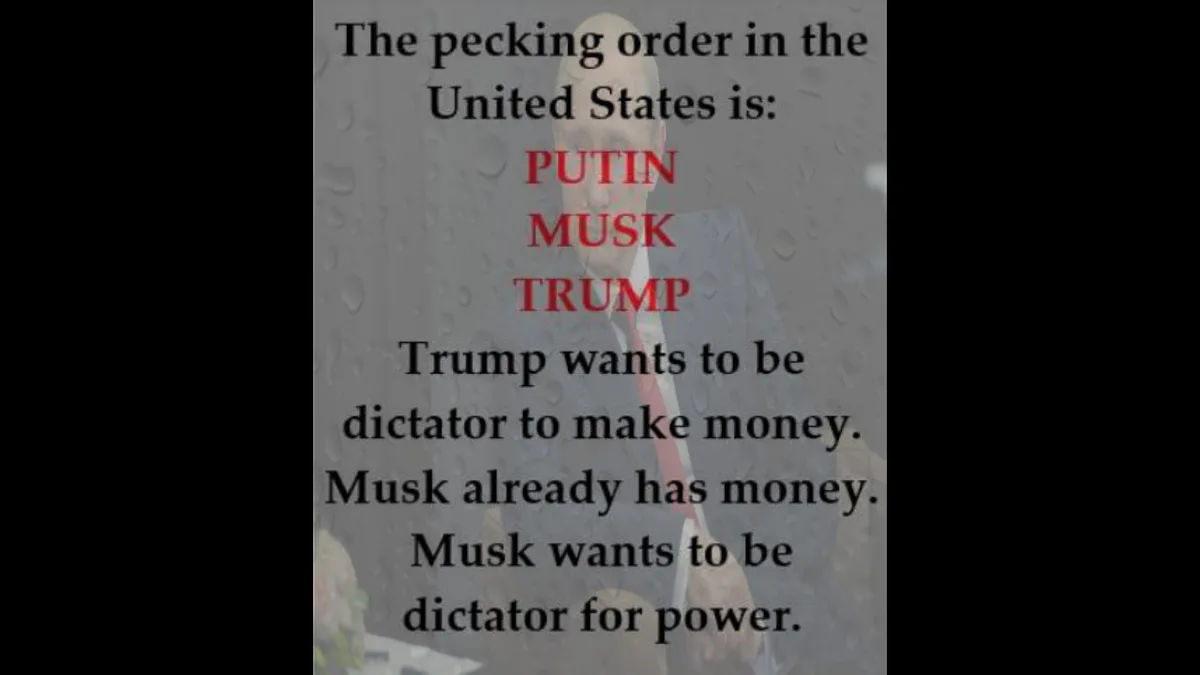 A dark, rainy background image of a man in a suit and tie, overlaid with text listing a fictional 'pecking order' in the…