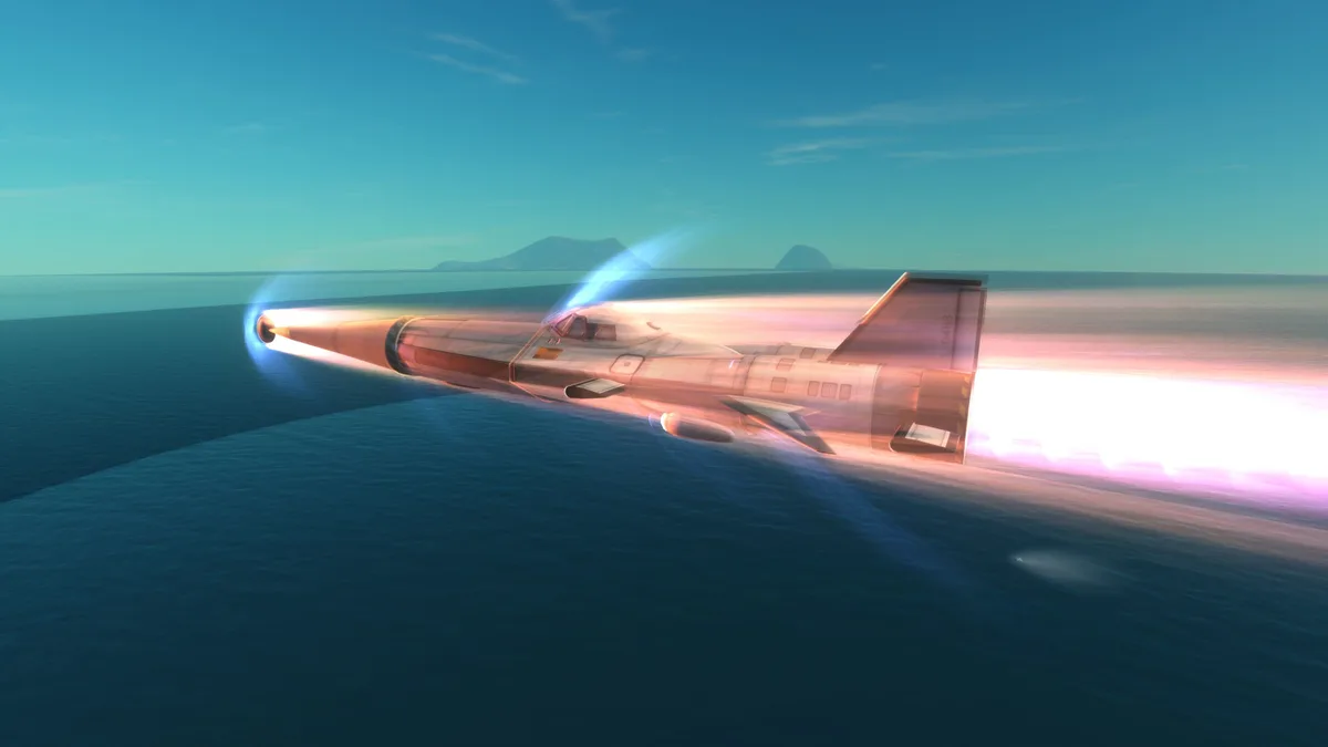 A sleek, silver jet aircraft is shown flying at high speed over a calm ocean, leaving a bright, colorful contrail and…