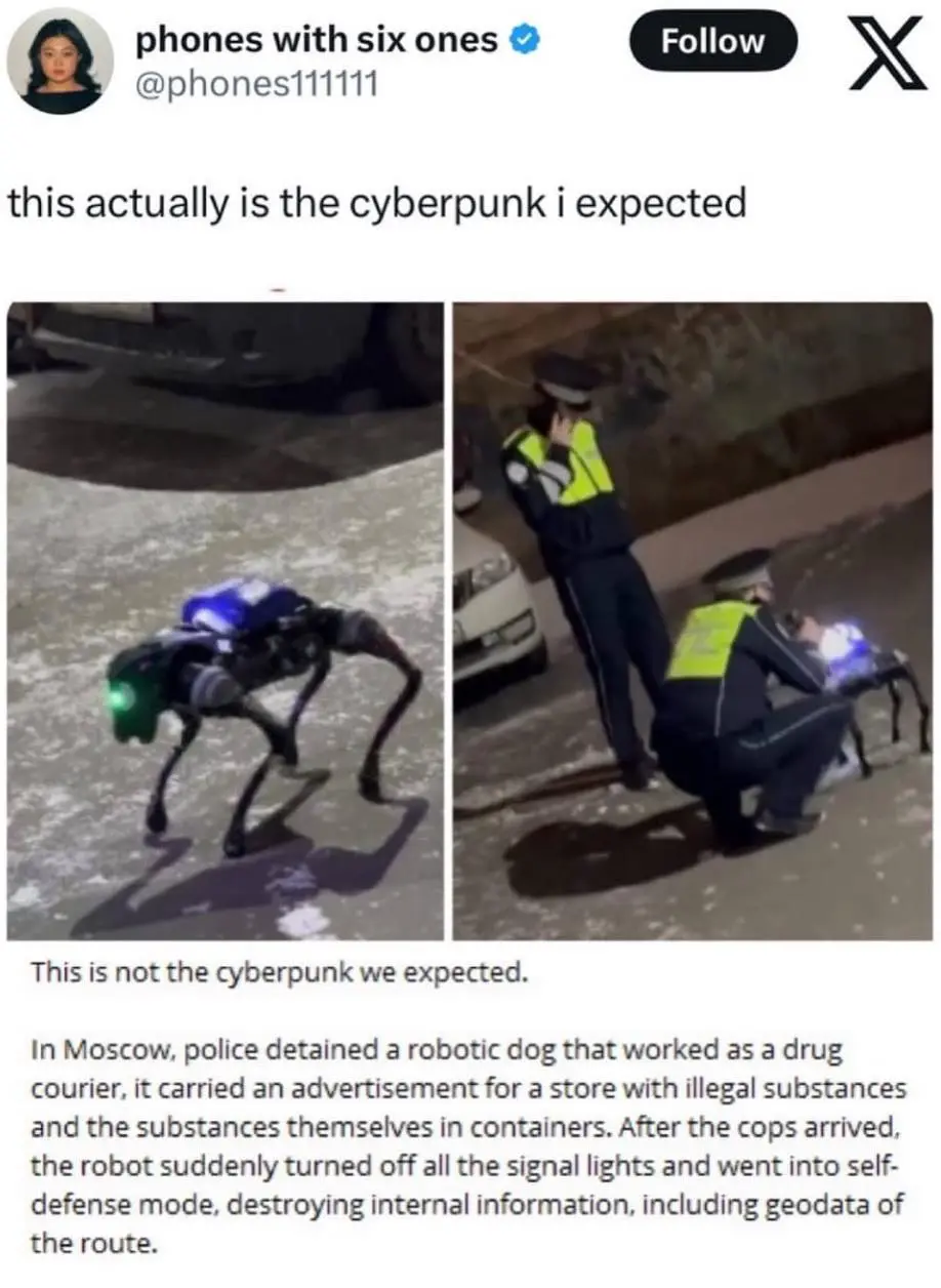 The image shows a split-screen: left side features a robotic dog with glowing blue and green lights standing on snow, right…