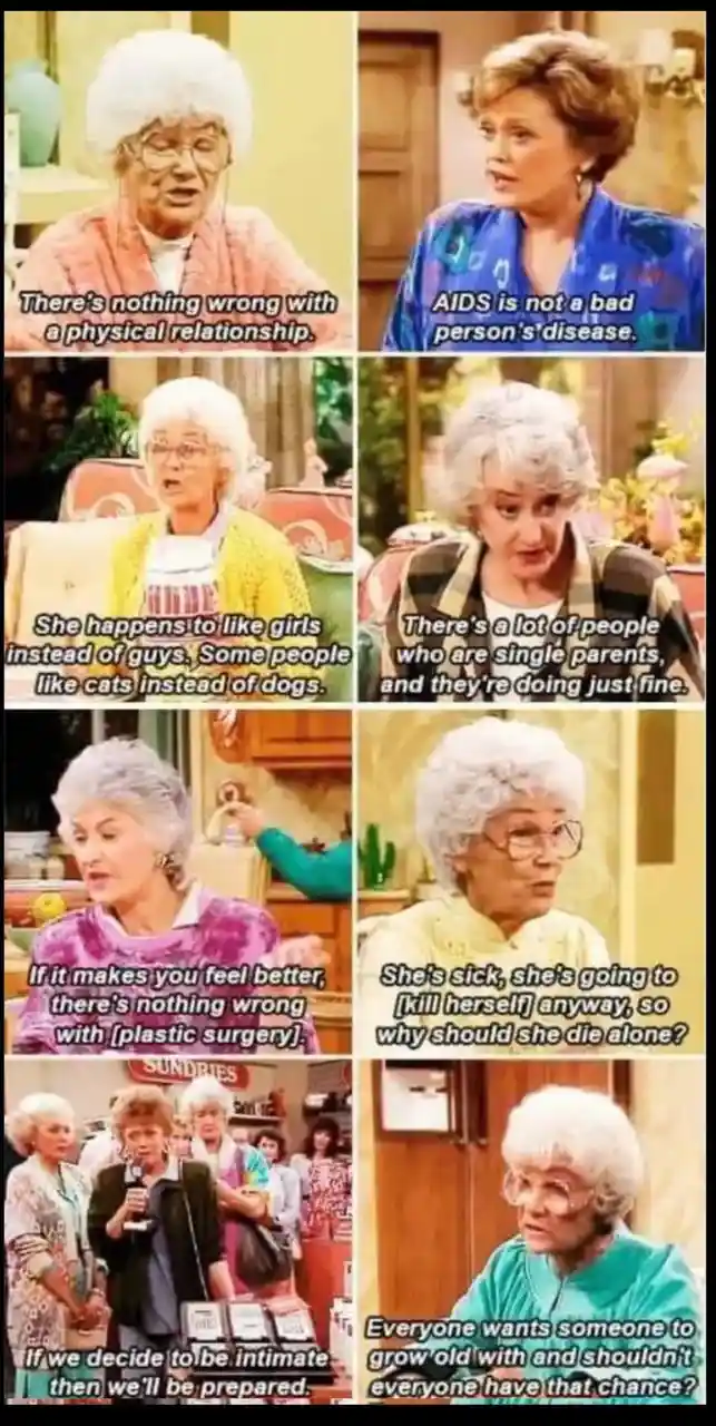 A six-panel meme collage featuring various characters from the TV show 'The Golden Girls' delivering controversial and…