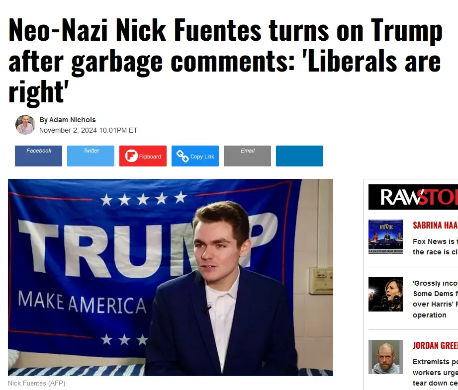 A screenshot of a news article shows Nick Fuentes sitting in front of a blue 'TRUMP MAKE AMERICA GREAT AGAIN' banner. The…