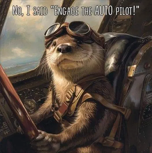 An otter wearing aviator goggles and a harness sits in the cockpit of an airplane, looking annoyed while holding the control…